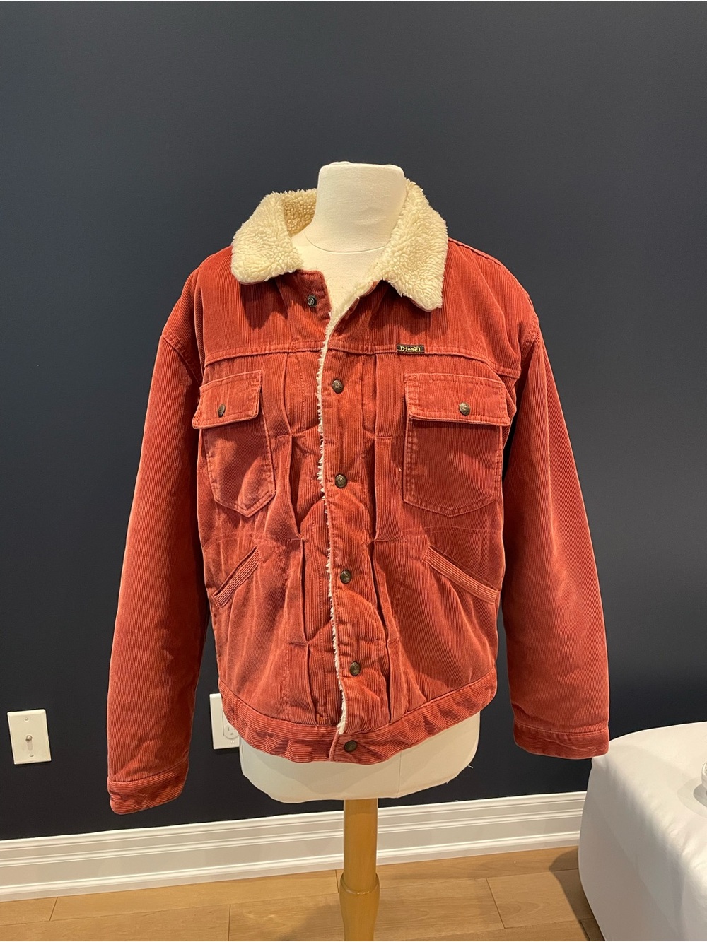 Vintage Diesel Sherpa-Lined Chore Coat in Rust Red
